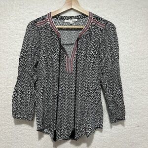 DR2 Daniel Rainn Tunic Blouse  3/4 Sleeve‎ White Black Embroidered Size Small